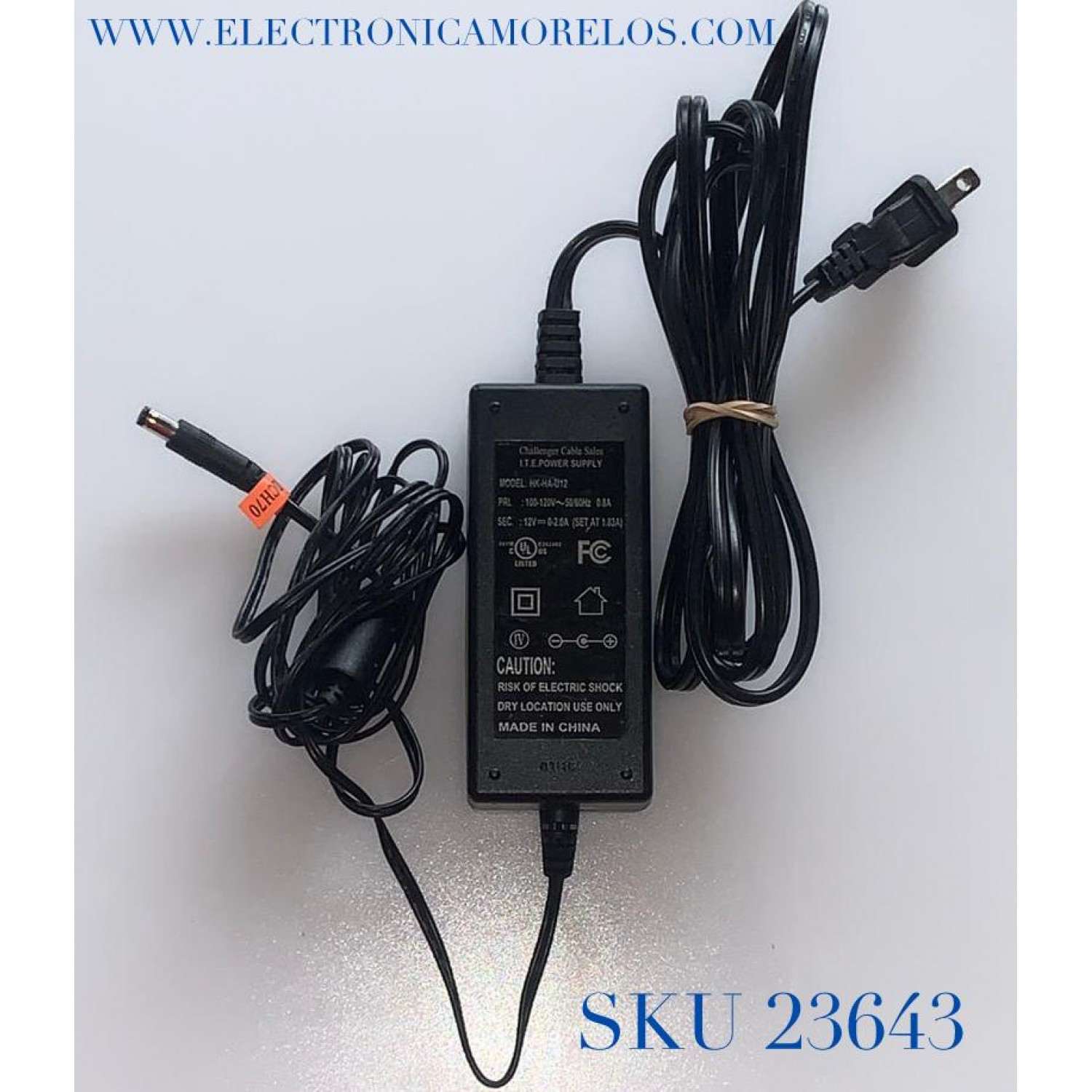 ADAPTADOR CHALLENGER VCA / NUMERO DE PARTE HK-HA-U12 / MODELO HK-HA-U12 / ENTRADA VCA 100-120V～50-60Hz .8A / SALIDA VCD 12V-2.0A / SET AT 1.83A